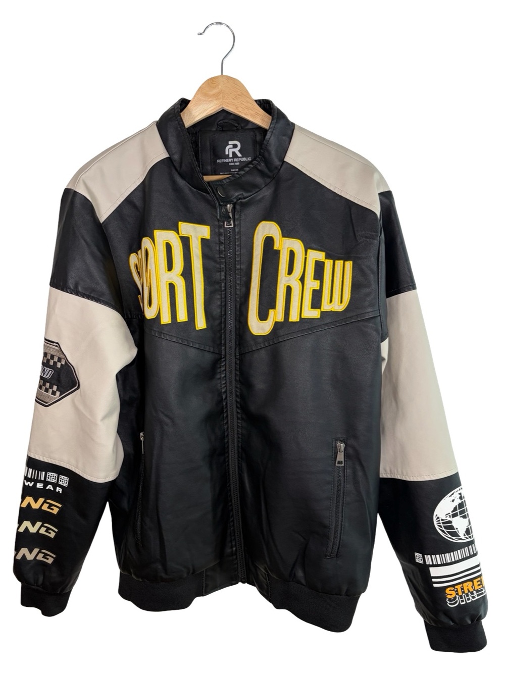 Refinery republic racing 
Sport Crew Black & Cream Leather Jacket by